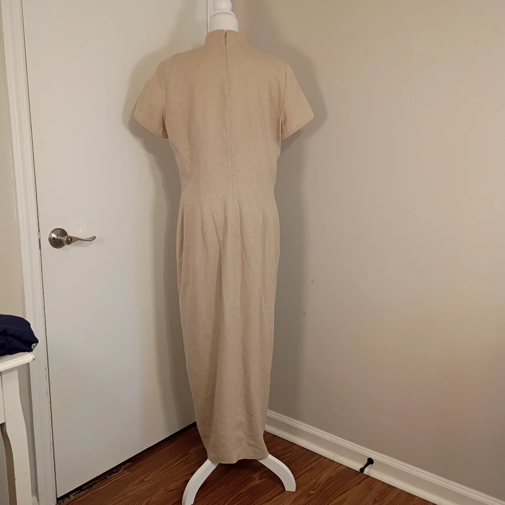 David Warren Beige Qpao Cheongsam with Pankou Linen Blend Women Dress Size 14 - Picture 7 of 11